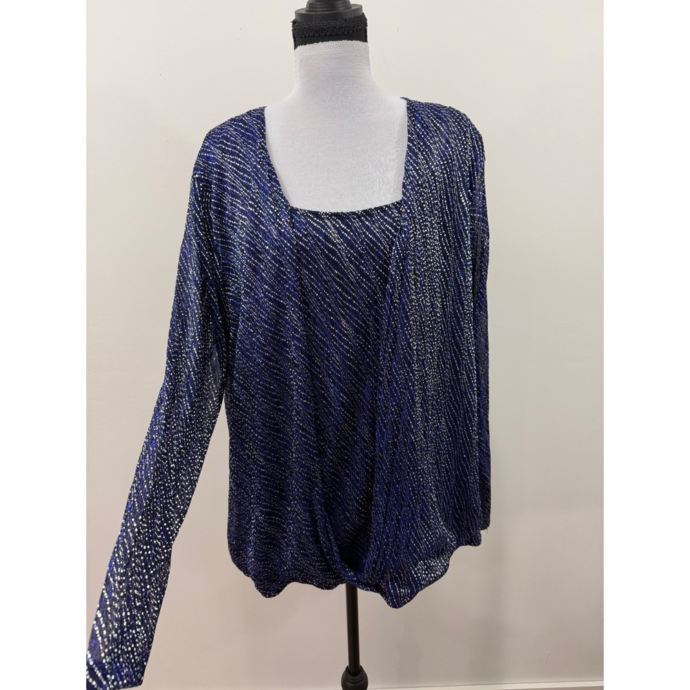 Drapers & Damons Blue Silver Metallic Shimmer Draped Blouse Square Neck 2X